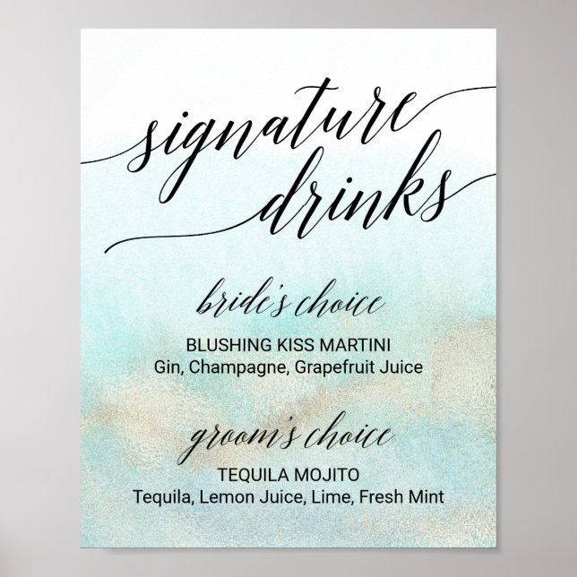 Aqua & Gold Watercolor Beach Signature Drinks Sign (Front)