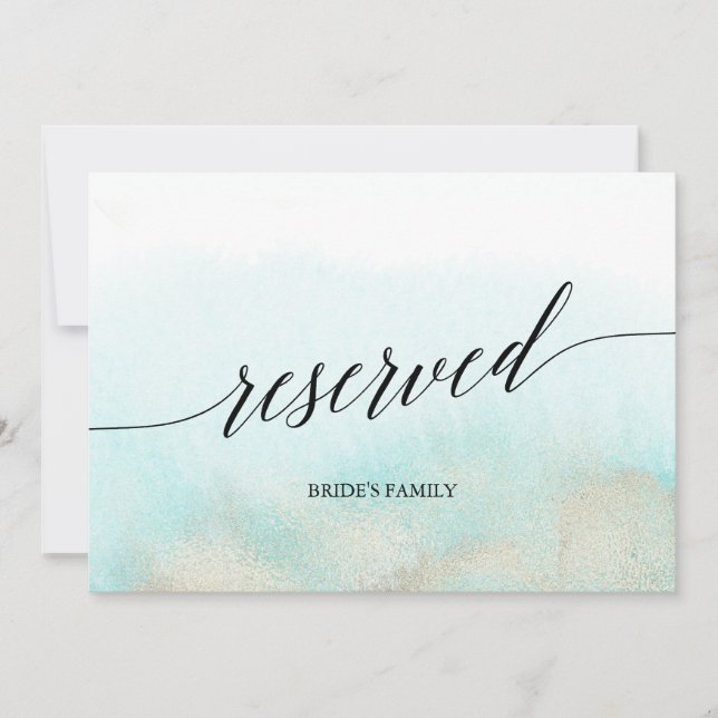 Aqua & Gold Watercolor Beach Wedding Reserved Sign (Front)