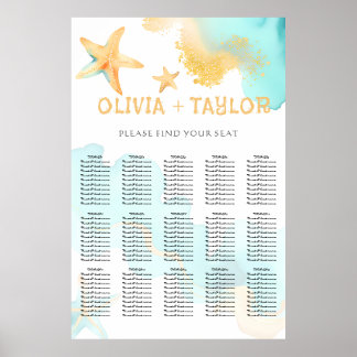 Aqua Gold Watercolor Beachy Starfish Wedding Poster