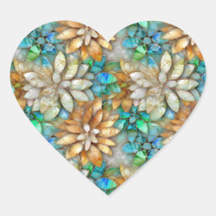 Aqua Gold White Flowers Heart Sticker