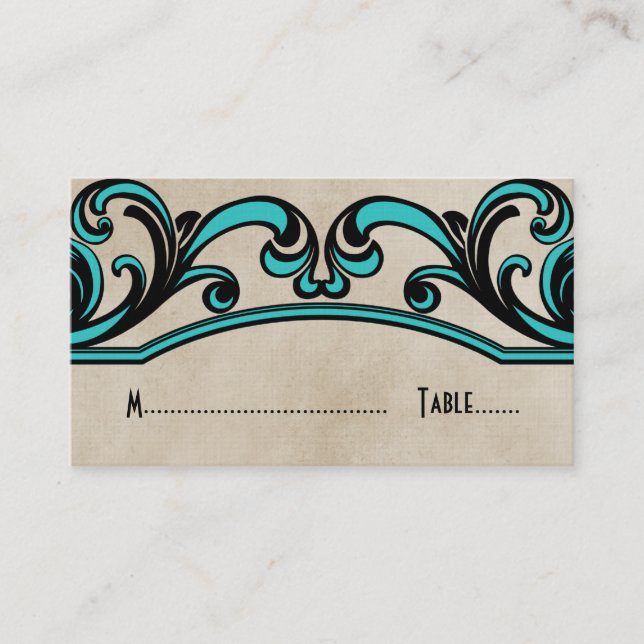 Aqua Gothic Swirls Place Card (Front)