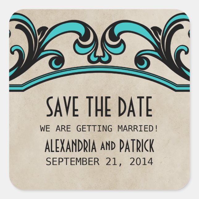 Aqua Gothic Swirls Save the Date Stickers (Front)