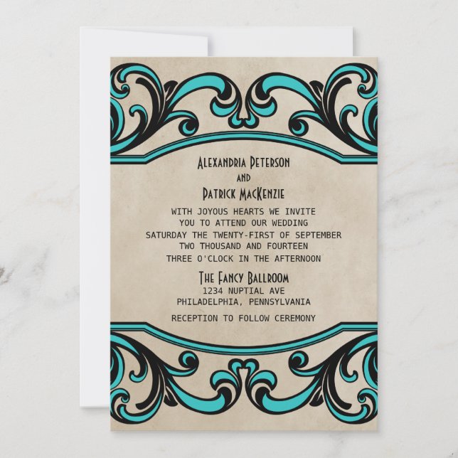 Aqua Gothic Swirls Wedding Invite (Front)