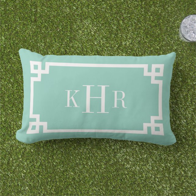 Aqua Greek Key Border Custom Monogram Outdoor Cushion (Grass)