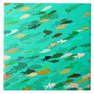Aqua, green and gold swimming fish ceramic tile