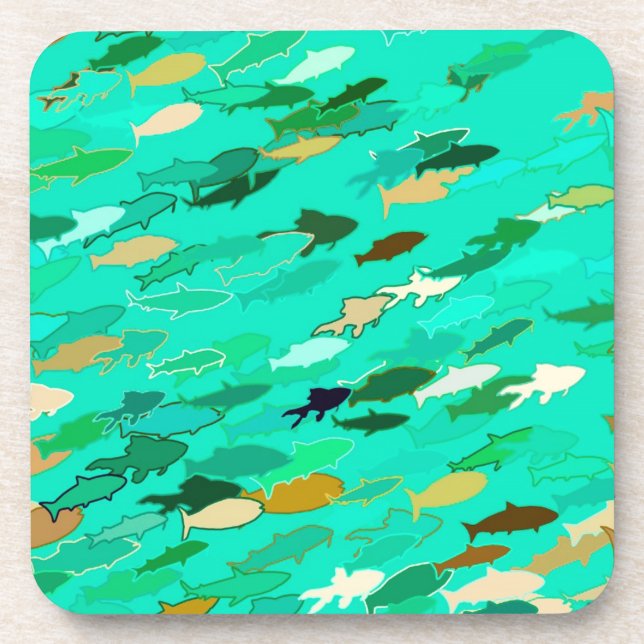 Aqua, green and gold swimming fish coaster (Front)