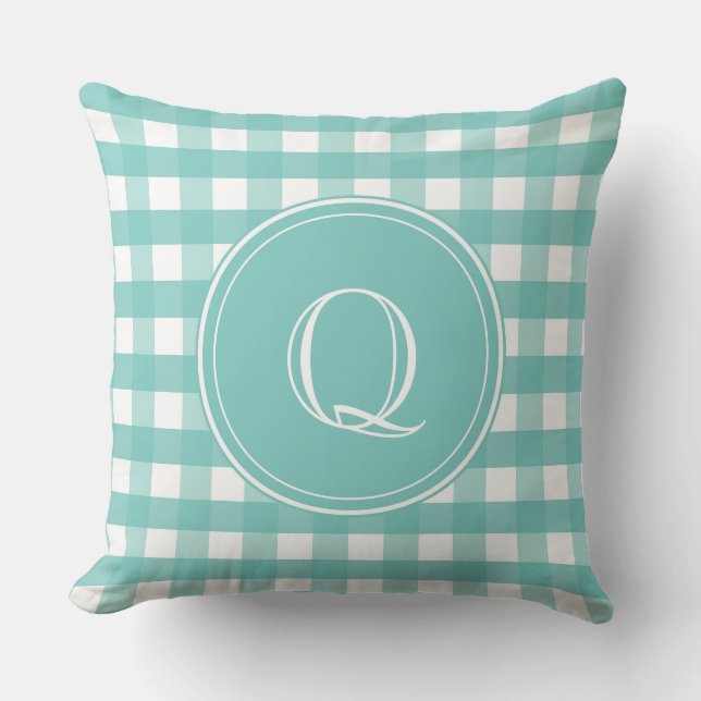 Aqua Green and White Gingham Monogram Cushion (Front)