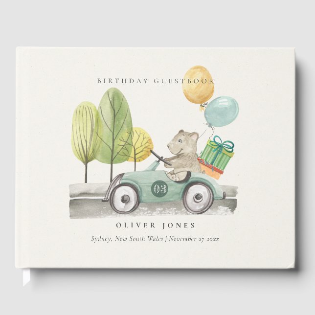 Aqua Green Any Age Birthday Party Teddy Car  Guest Book (Front)