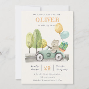 Aqua Green Any Age Birthday Party Teddy Car Invite