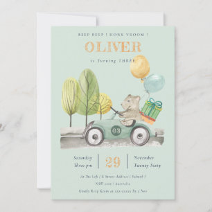 Aqua Green Any Age Birthday Party Teddy Car Invite