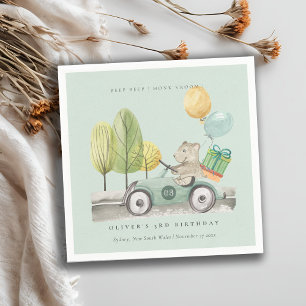 Aqua Green Any Age Birthday Party Teddy Car Napkin