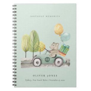 Aqua Green Any Age Birthday Party Teddy Car Notebook