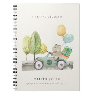 Aqua Green Any Age Birthday Party Teddy Car Notebook
