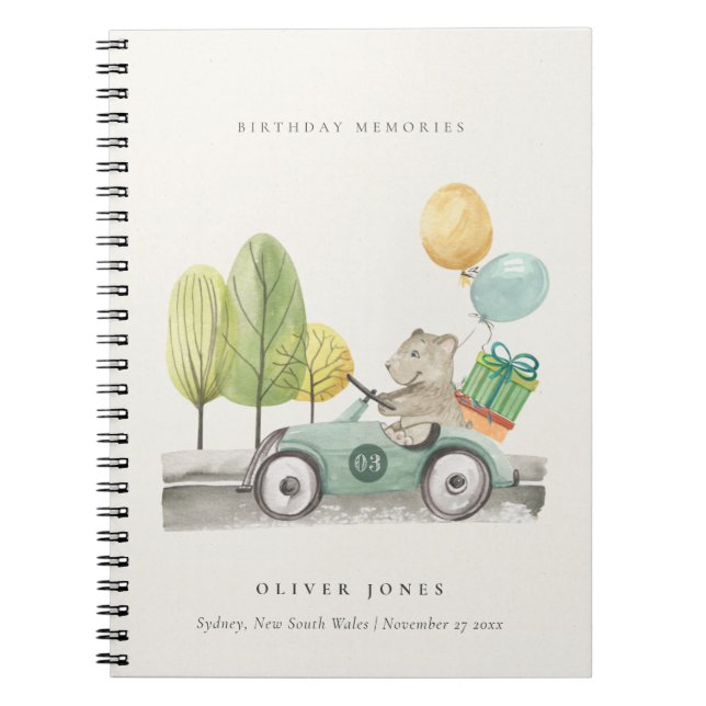 Aqua Green Any Age Birthday Party Teddy Car Notebook (Front)