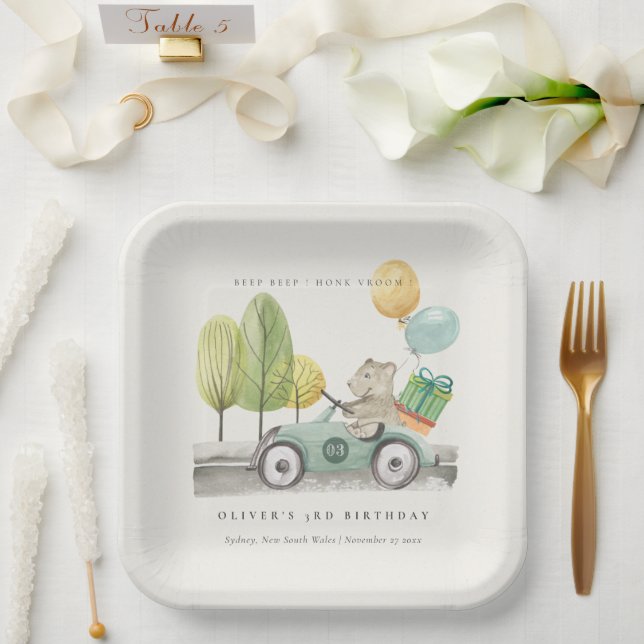 Aqua Green Any Age Birthday Party Teddy Car Paper Plate (Wedding)