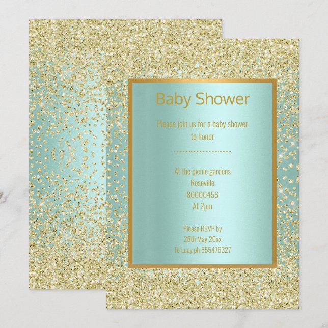 AQUA GREEN BLUE DIAMOND SPARKLE GOLD BABY SHOWER INVITATION (Front/Back)
