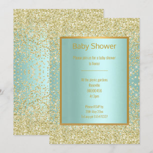 AQUA GREEN BLUE DIAMOND SPARKLE GOLD BABY SHOWER INVITATION