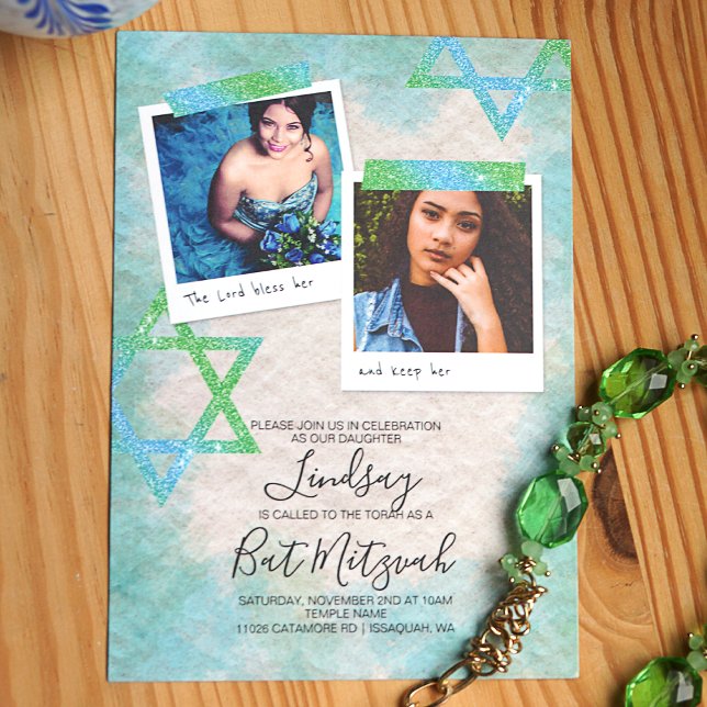 Aqua, Green, Glitter Stars Bat Mitzvah Invitations (Blue, turquoise, and green glitter bat mitzvah invitation with photos & star of david)
