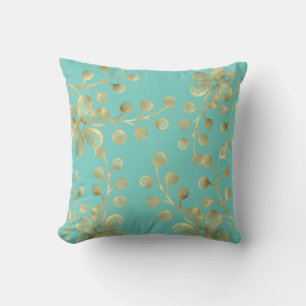 AQUA GREEN & GOLD BOTANICAL DOUBLE SIDED Cushion