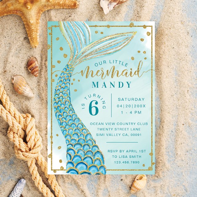 Aqua Green Gold Little Mermaid Birthday Invitation (Creator Uploaded)