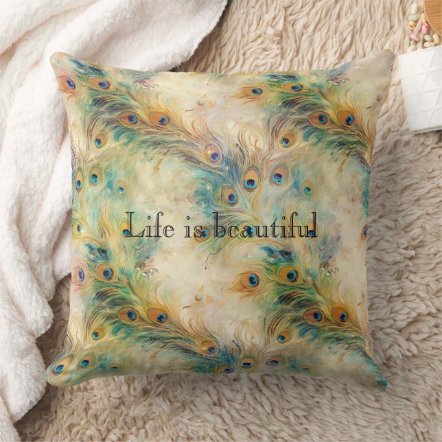 Aqua Green Gold Peacock Feathers Cushion (Blanket)