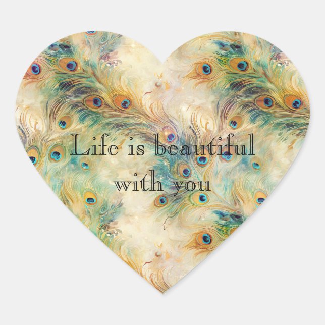 Aqua Green Gold Peacock Feathers Heart Sticker (Front)