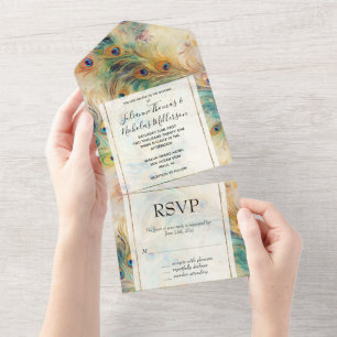 Aqua Green Gold Peacock Feathers Wedding All In One Invitation