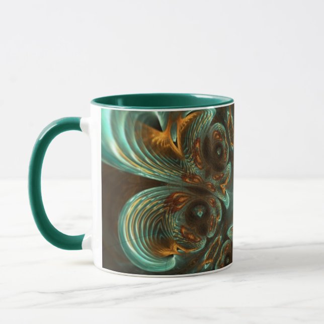 Aqua Green & Gold & Spiral Fractal Art Mug (Left)