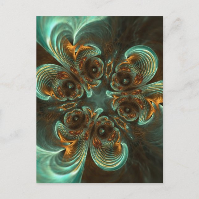 Aqua Green & Gold & Spiral Fractal Art Postcard (Front)
