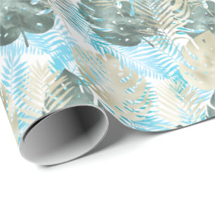 Aqua Green Gold Tropical Leaves Wrapping Paper