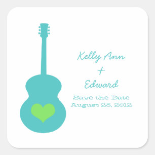 Aqua/Green Guitar Heart Save the Date Stickers