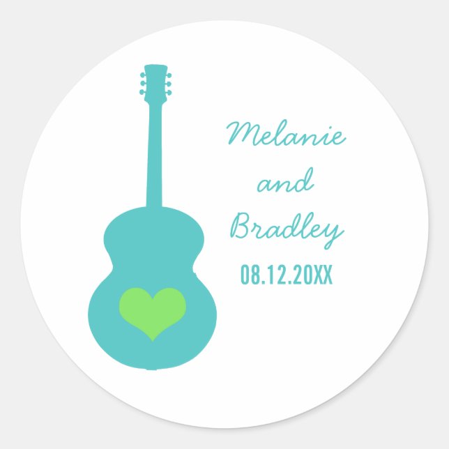 Aqua/Green Guitar Heart Wedding Stickers (Front)