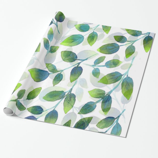 Aqua Green Leaf Pattern Wrapping Paper (Unrolled)