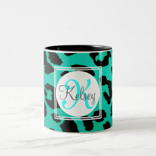 Aqua Green Leopard Print Monogram Two-Tone Coffee Mug