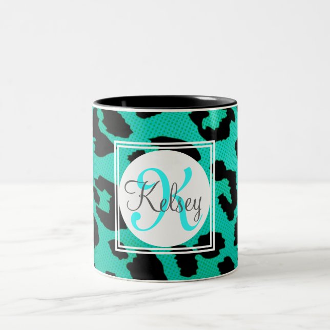 Aqua Green Leopard Print Monogram Two-Tone Coffee Mug (Center)