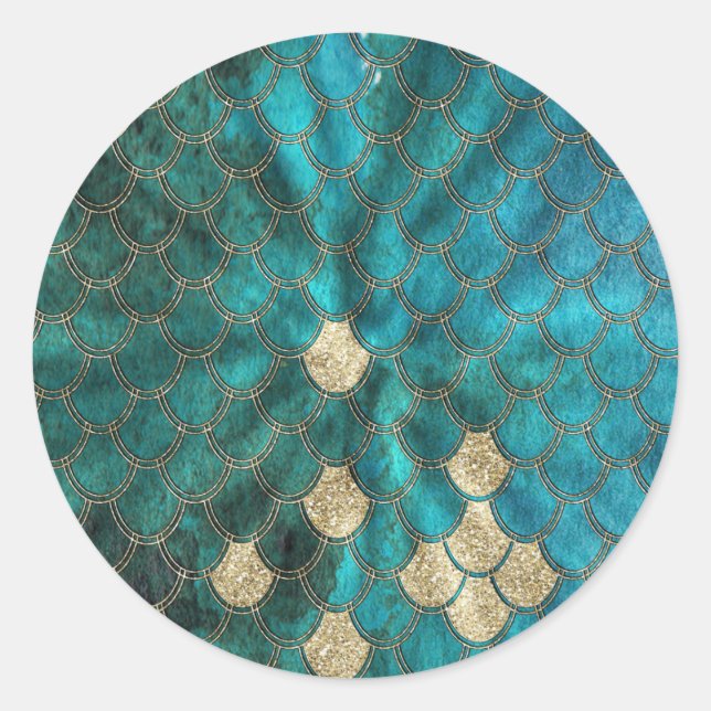 Aqua green Mermaidscales with gold glitter Classic Round Sticker (Front)