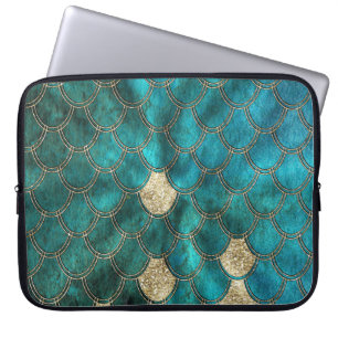 Aqua green Mermaidscales with gold glitter Laptop Sleeve