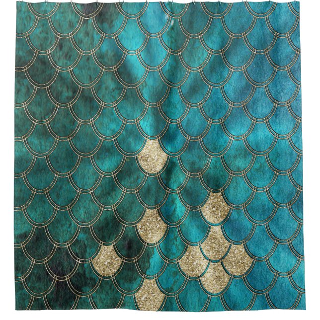 Aqua green Mermaidscales with gold glitter Shower Curtain (Front)