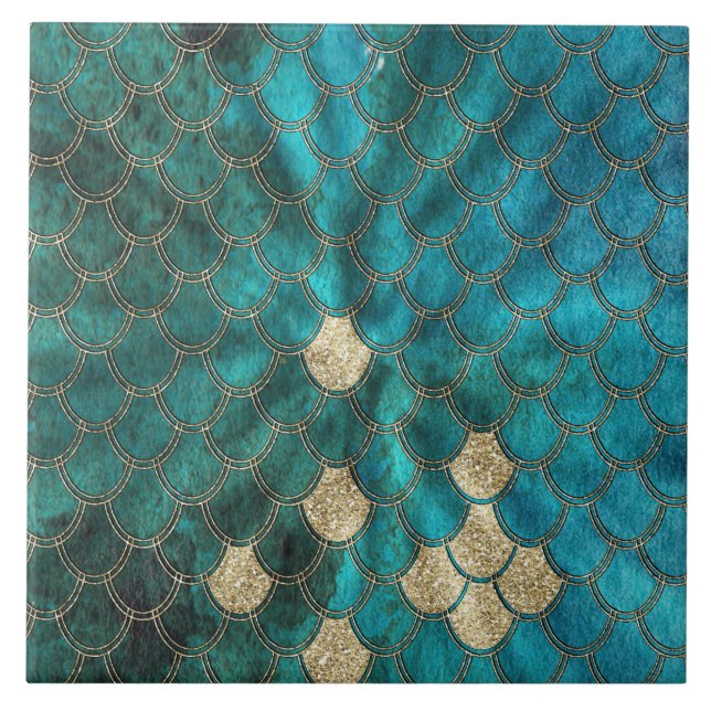 Aqua green Mermaidscales with gold glitter Tile (Front)