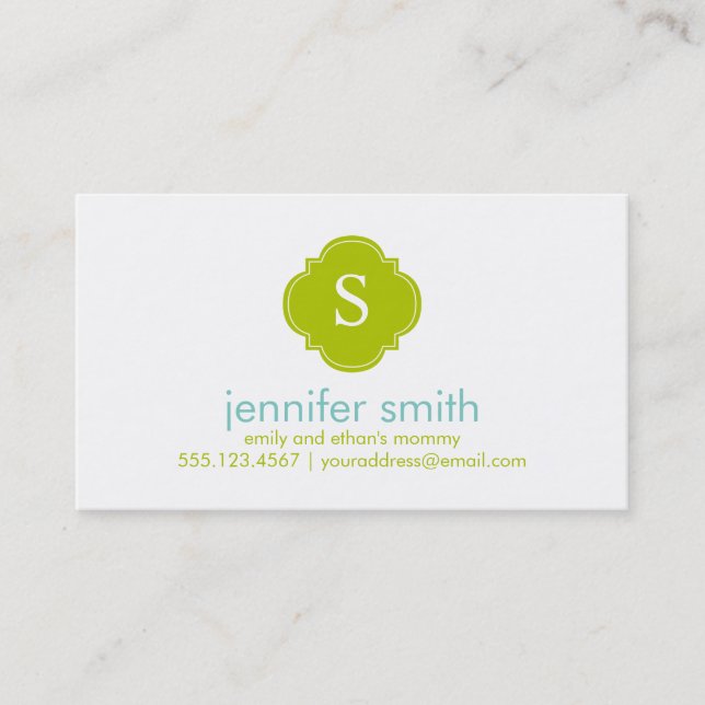 Aqua Green Quatrefoil Monogram Stripes Pattern Calling Card (Front)