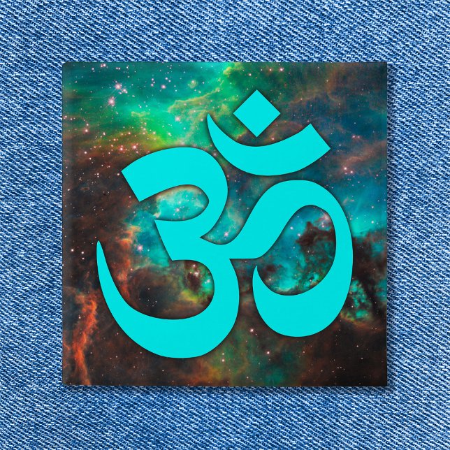 Aqua Green Star Cluster Om Symbol 15 Cm Square Badge (Aqua Green Star Cluster Om Symbol Button)