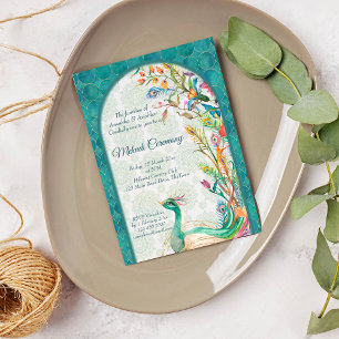 Aqua green teal Arabian floral peackock mehndi  Invitation