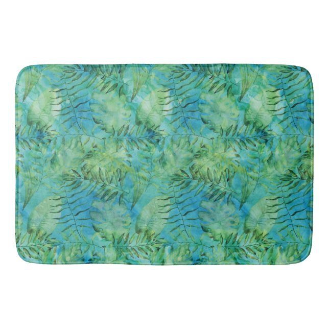 Aqua Green Tropical Hawaii Leaves Watercolor Bath Mat (Front)