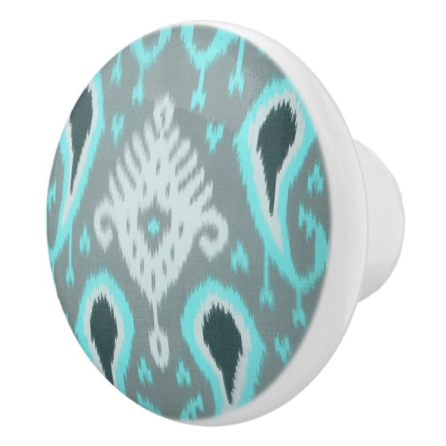 Aqua Green Turquoise Blue Grey Ikat Art Pattern Ceramic Knob (Right)