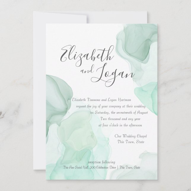Aqua Green Watercolor Motion Abstract Wedding Invitation (Front)