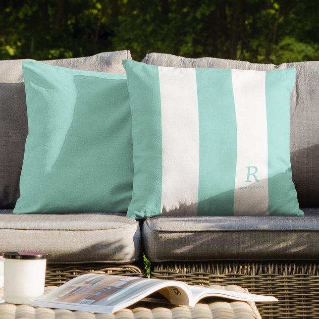 Aqua Green & White Stripes Monogram Name Outdoor Cushion (Creator Uploaded)