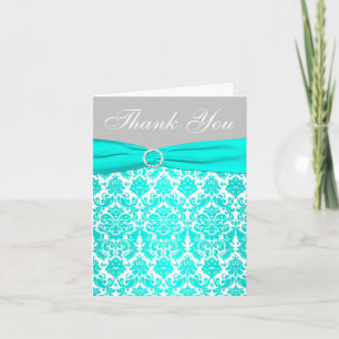 Aqua, Grey, and White Damask Thank You Card