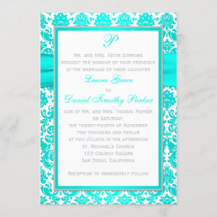 Aqua, Grey, and White Damask Wedding Invitation