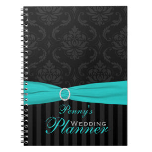 Aqua, Grey, Black Damask Striped Notebook