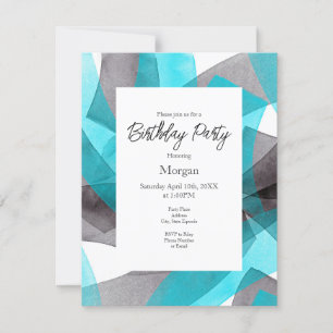  Aqua Grey Black Watercolor Abstract Brushstrokes  Invitation